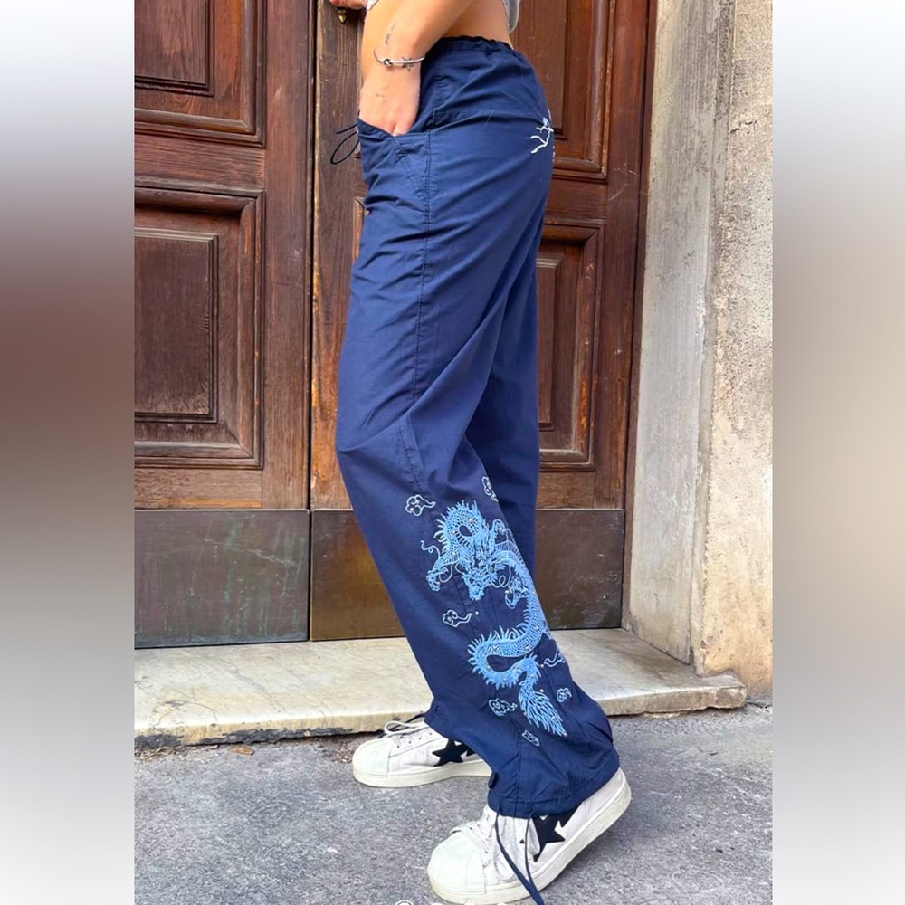 Subdued PANTS: Parachute pants with Dragon embroidery